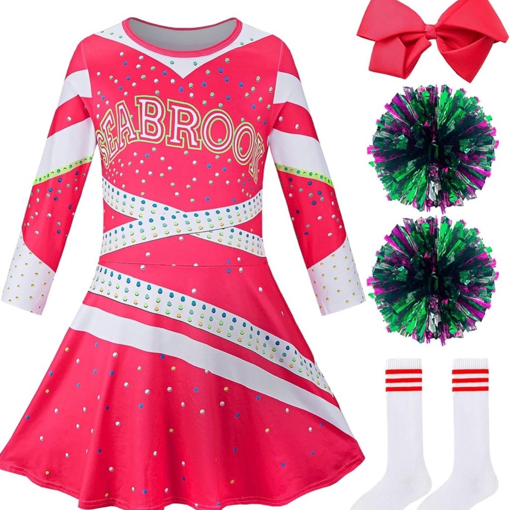 Cheerleader Costume with Pom Poms and Bow Size Girls Large 7/8
